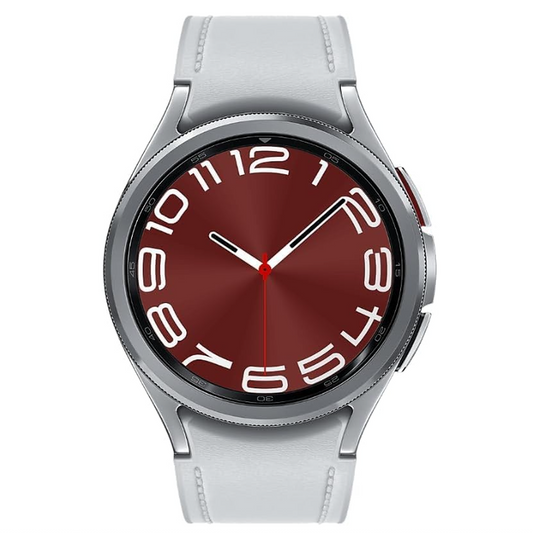 A silver smartwatch with a round metallic case, a deep red analog-style dial with large white numerals and a red second hand, and a light gray strap, shown on a plain white background.