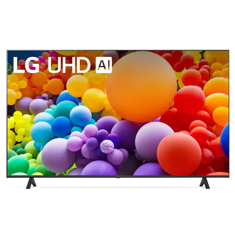 LG UHD TV displaying colorful balloons on a white background