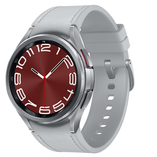 A smartwatch with a round silver-tone case, a deep red analog-style face with white numerals and hands, and a light gray silicone strap, shown on a plain white background.