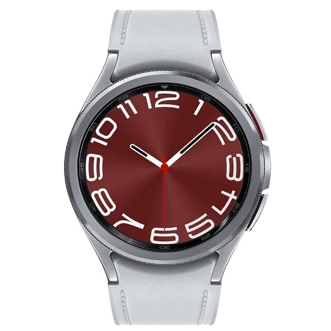 A silver smartwatch with a round metallic case, a deep red analog-style dial with large white numerals and a red second hand, and a light gray strap, shown on a plain white background.