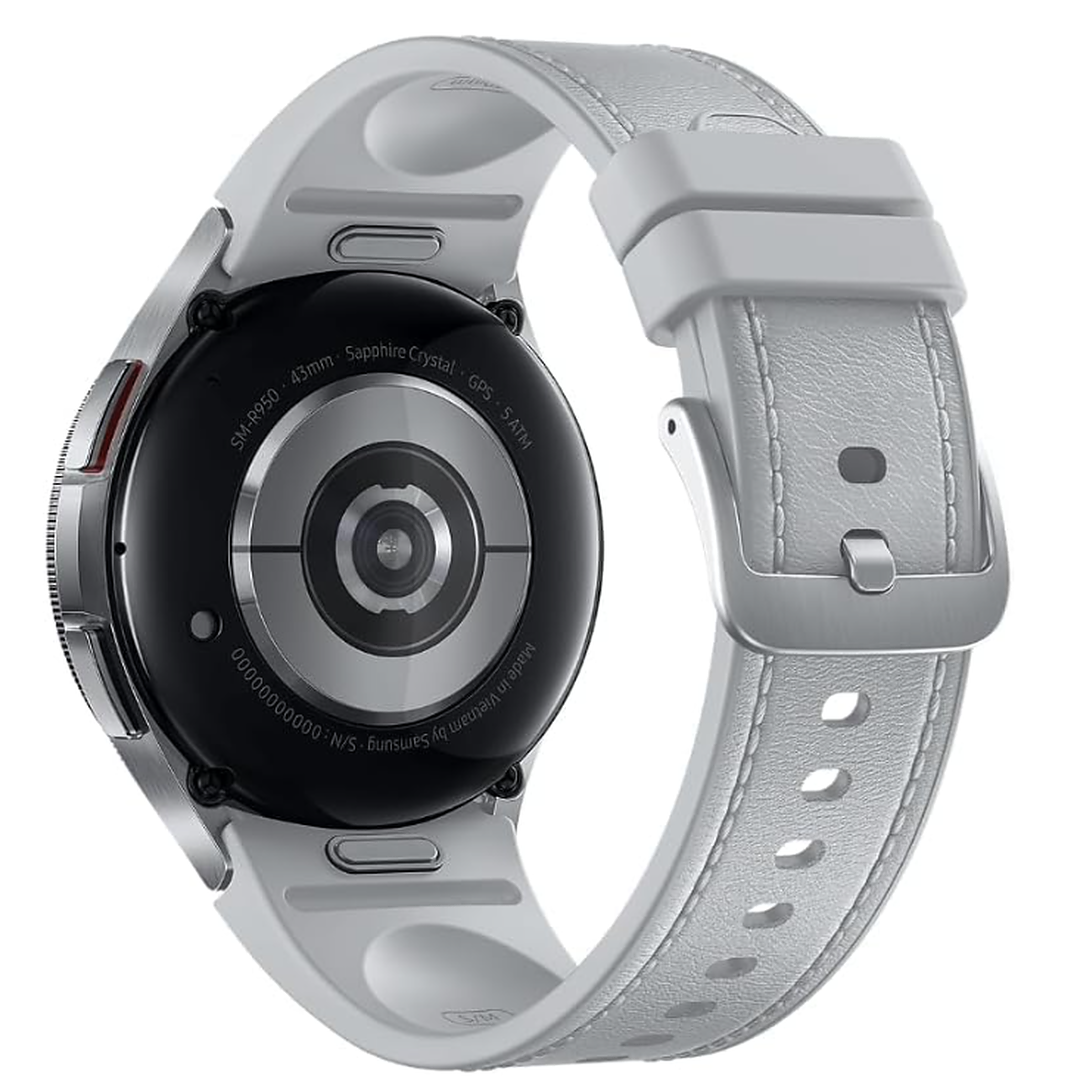 The back of a smartwatch with a round silver and black case and a light gray textured strap, shown on a plain white background.