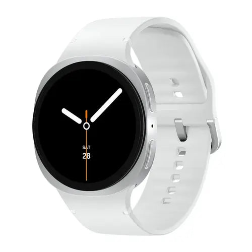Silver Samsung smartwatch with white band