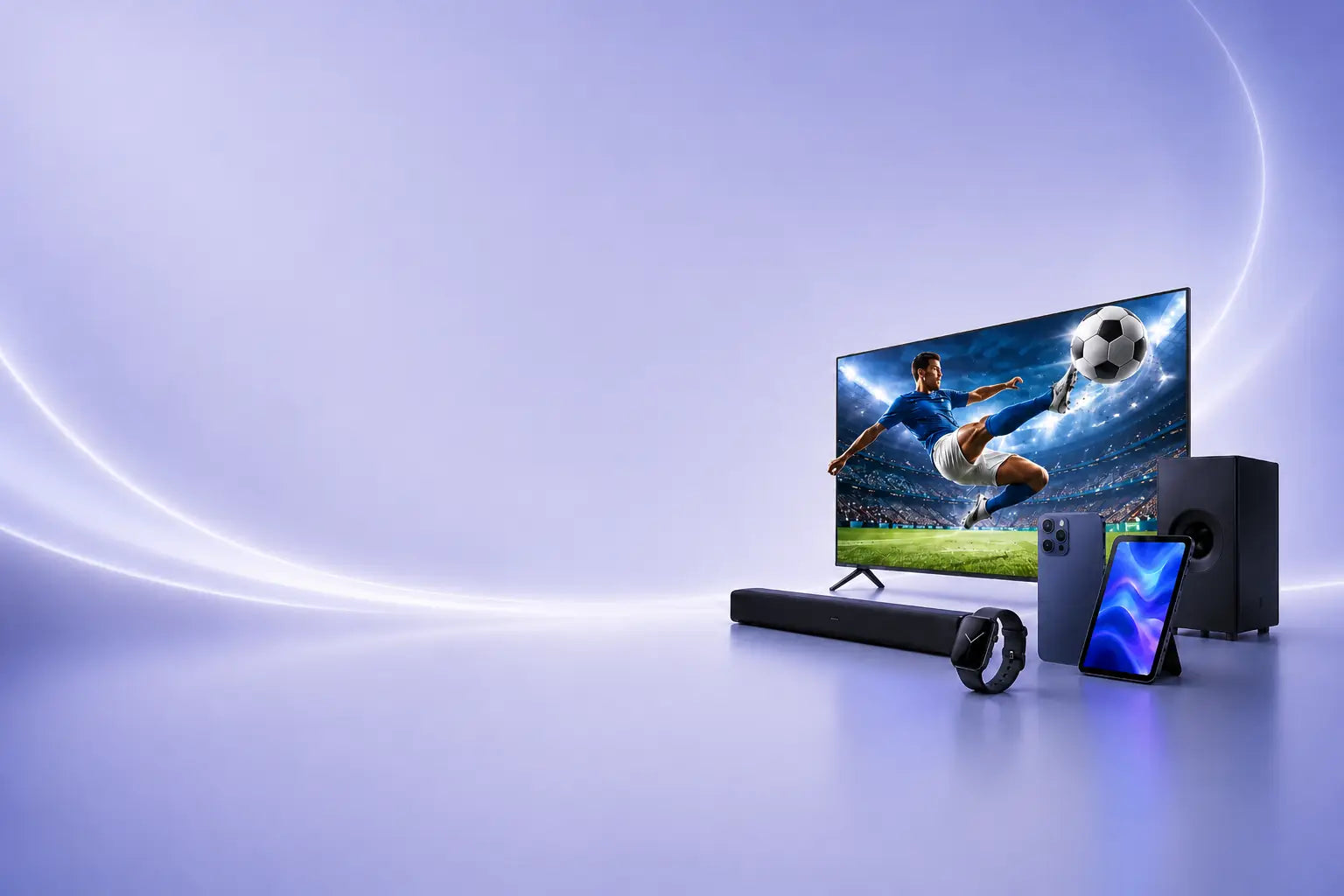Factory Brands Direct hero banner featuring a TV with an immersive soccer action scene, soundbar, subwoofer, smartphone, tablet, and smartwatch on a clean lavender-blue background.